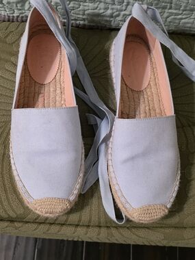 J. Crew Pale Gray Canvas Espadrilles with Pink Lining and Ankle Ties